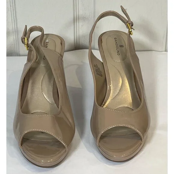 NEW Bandolino sz 10 Patent Taupe Tan 3.5" Heels Open Toe - Picture 7 of 8